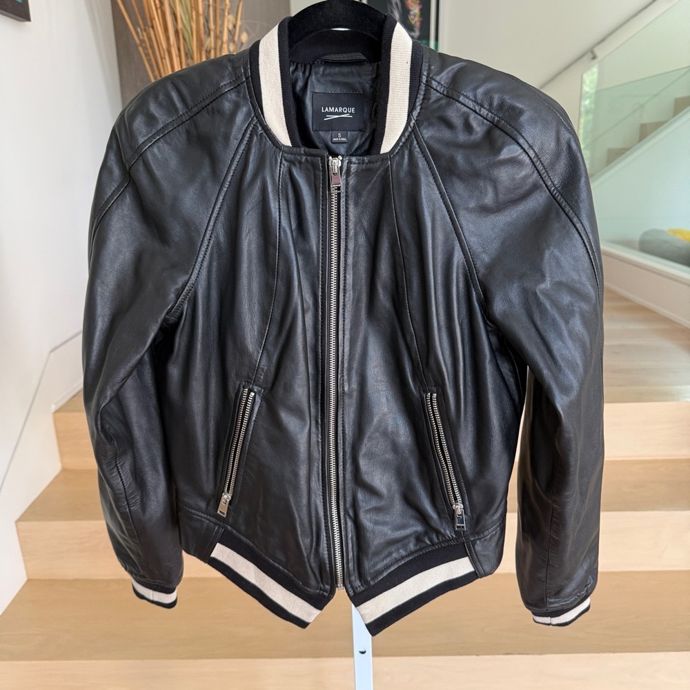 Lamarque Black Varsity Bomber Jacket with White Trim